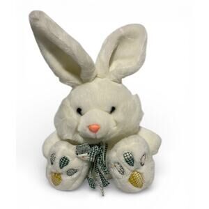 MTY International Bunny Rabbit Plush 14" Tall Sitting White With Green Bow